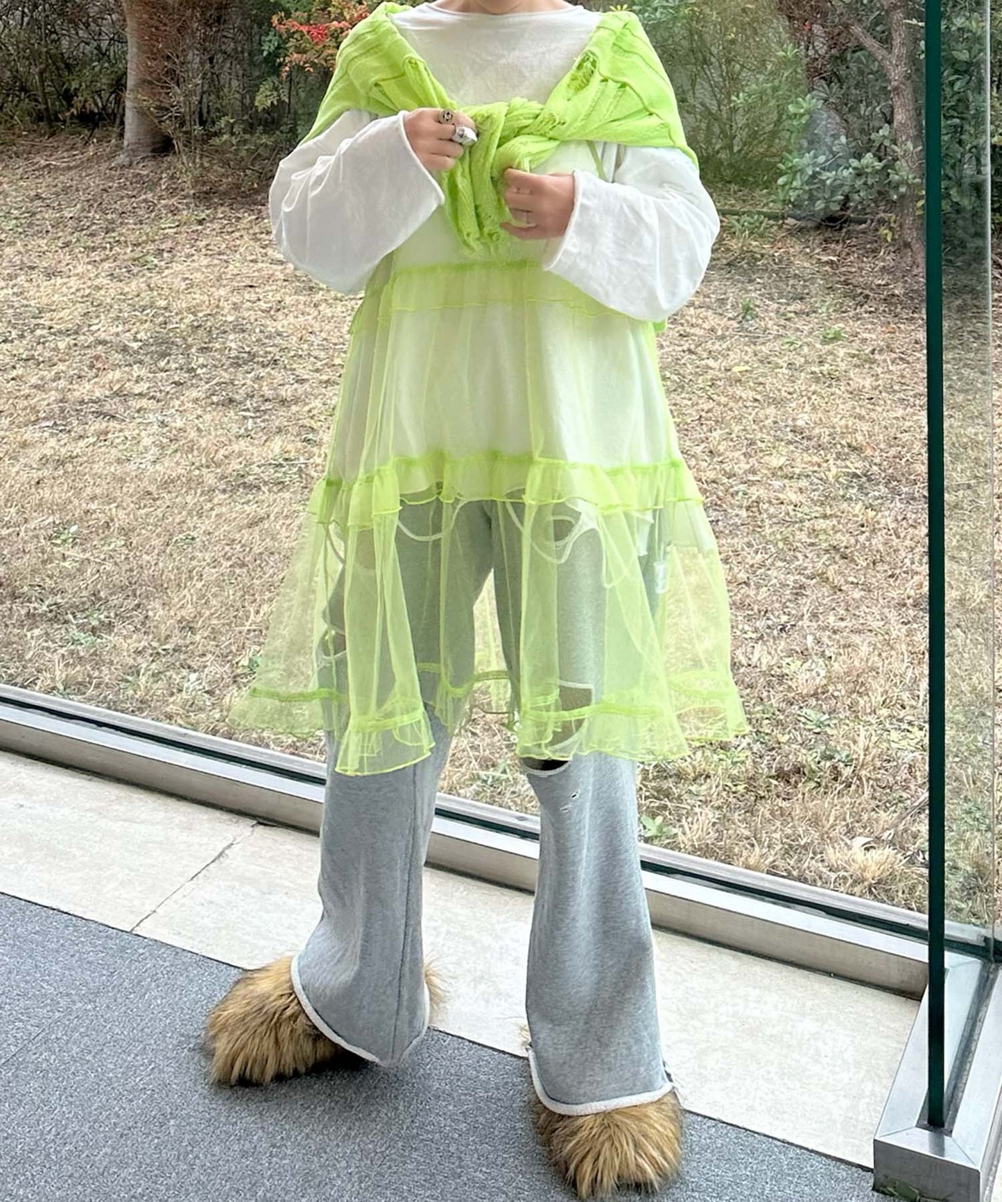 フリルティアードキャミワンピミニ【ライム】