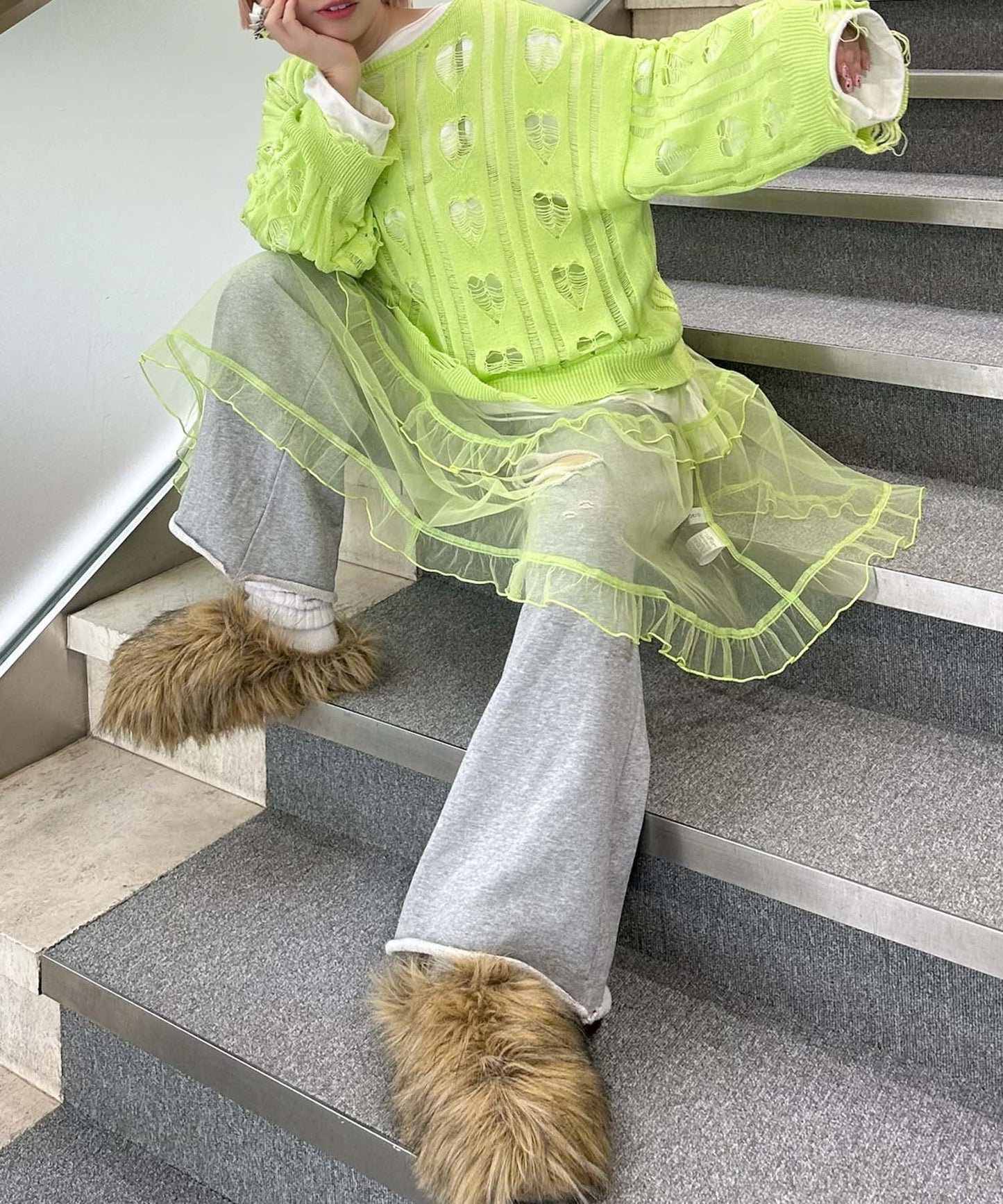 ハートダメージニットのnew【ライム】