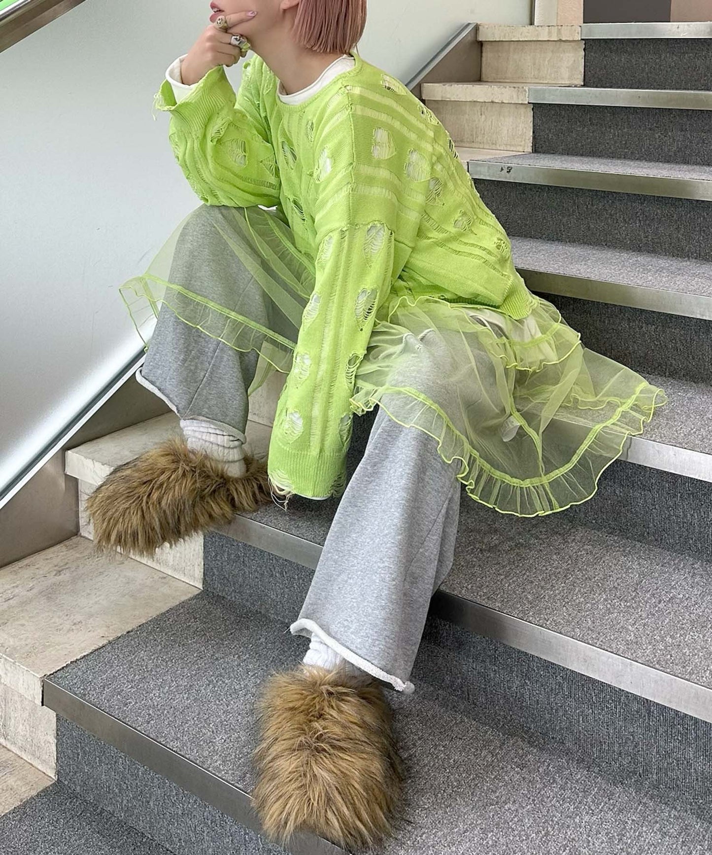 フリルティアードキャミワンピミニ【ライム】