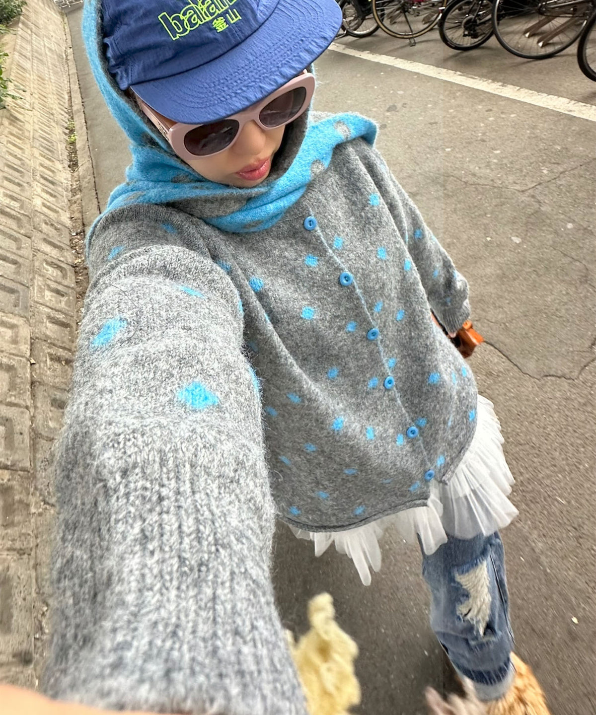 マフラーセットのドットニット【グレー】