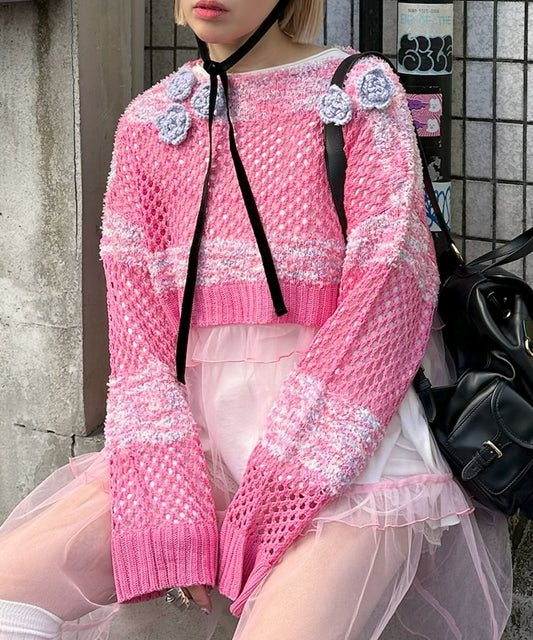 フラワーモチーフメッシュカラフルニット【ピンク】