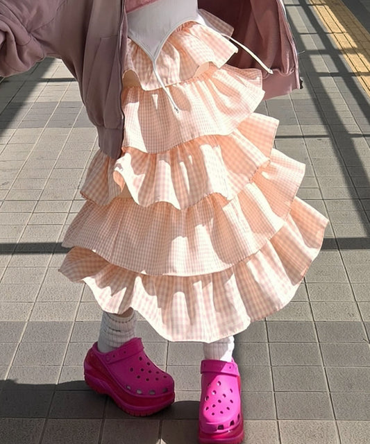 ティアードギンガムボリュームスカート【ピンク】