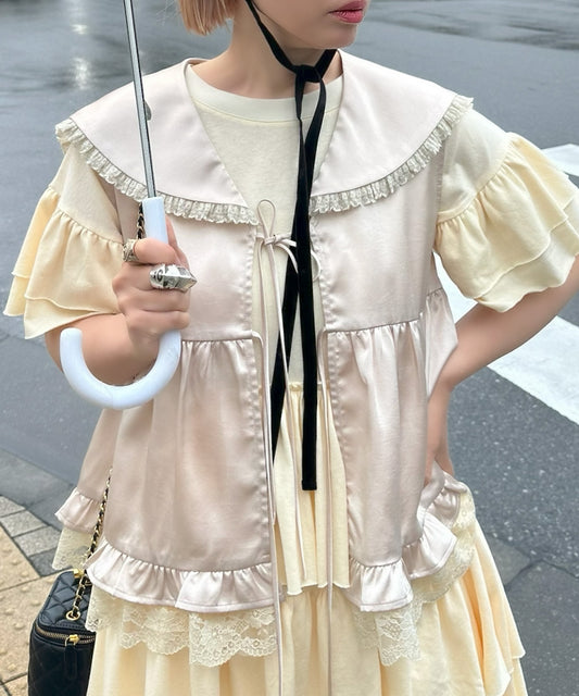 セーラーサテンノースリブラウス【ベージュ】