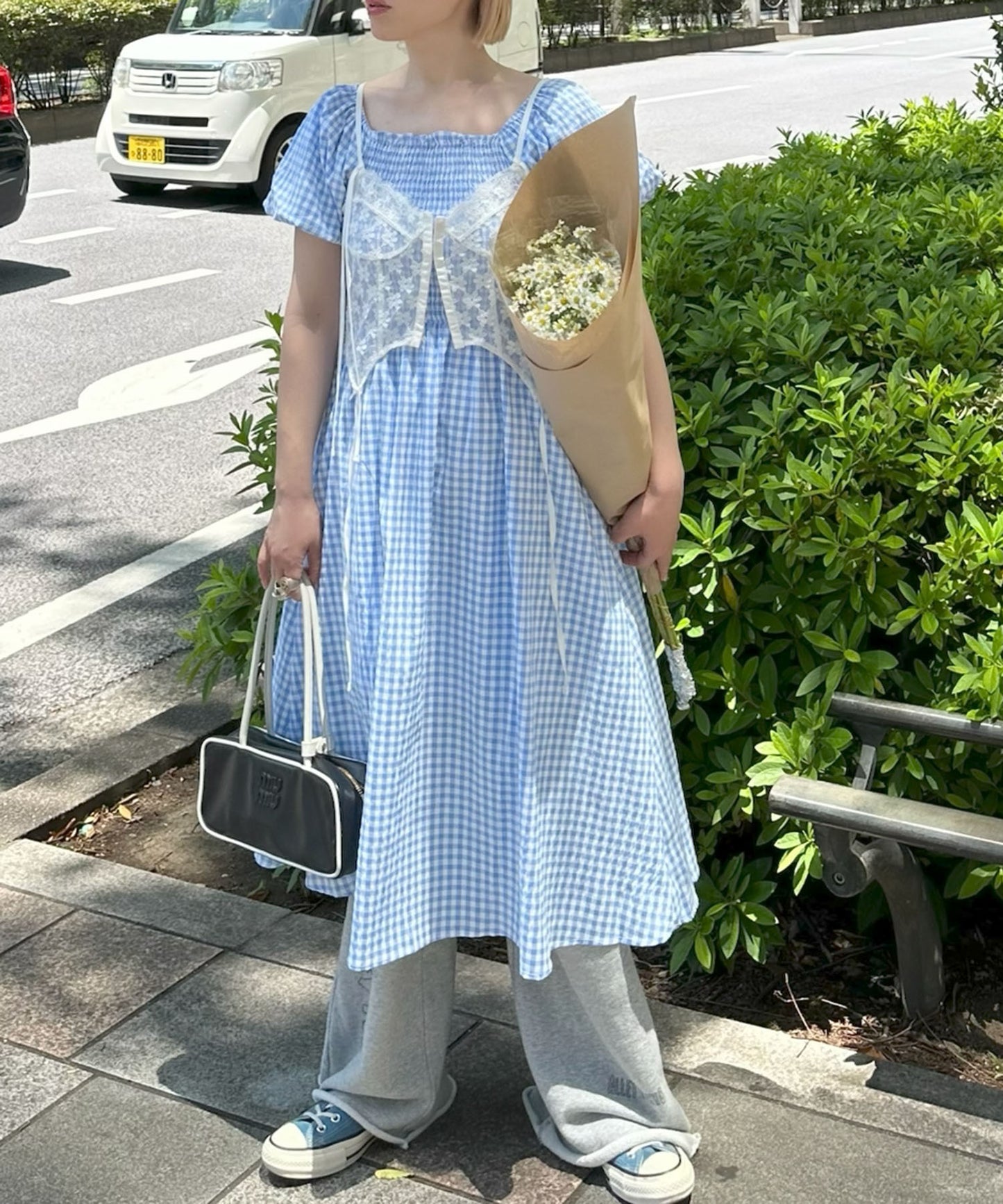 ギンガムシャーリングワンピ【サックスブルー】