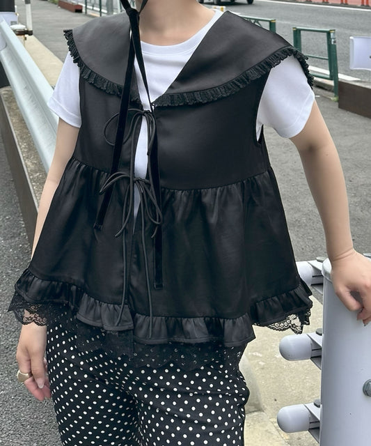 セーラーサテンノースリブラウス【ブラック】