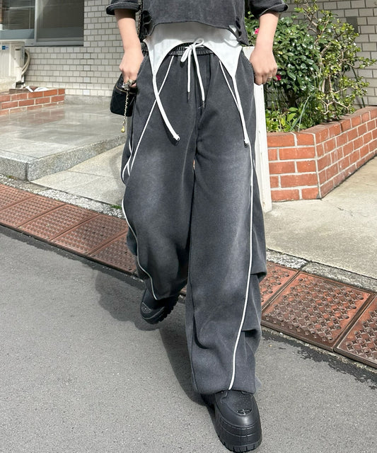 パイピングウォッシュ加工イージーパンツ【ブラック】